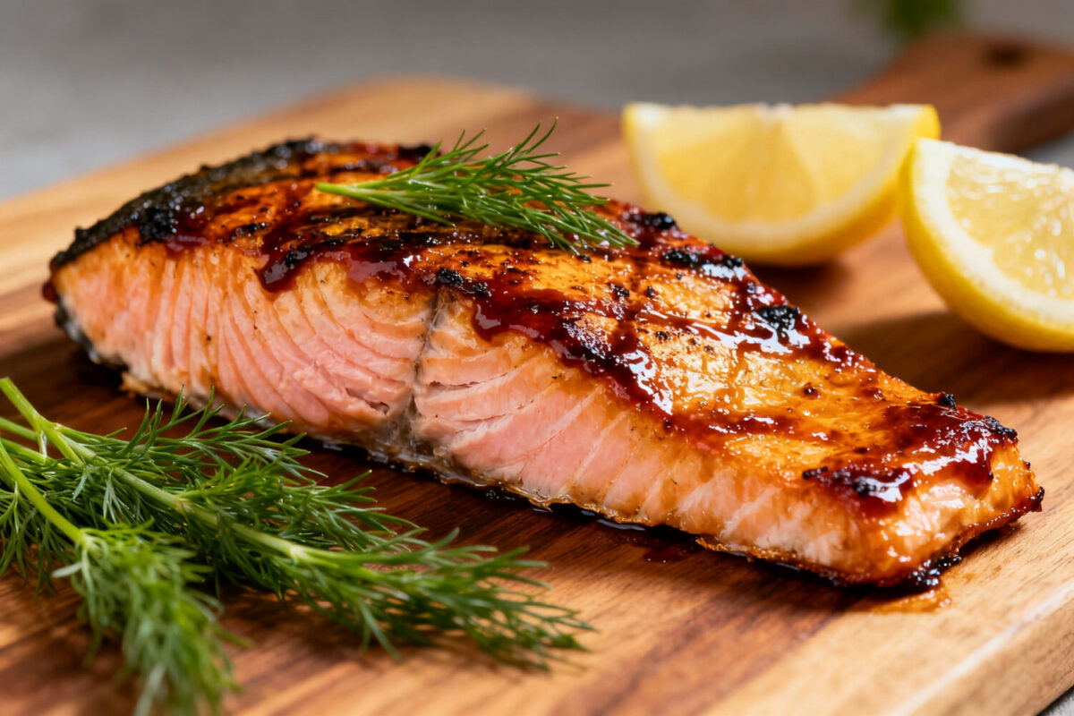 Air fryer BBQ salmon with a flaky tender salmon fillet, caramelized barbecue glaze, fresh dill garnish, and lemon wedges, served as a juicy and flavorful seafood dinner.
