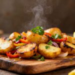 Air fryer potatoes and vegetables with crispy roasted baby potatoes, bell peppers, onions, fresh parsley, and lemon, served as a colorful and flavorful vegetable side dish.