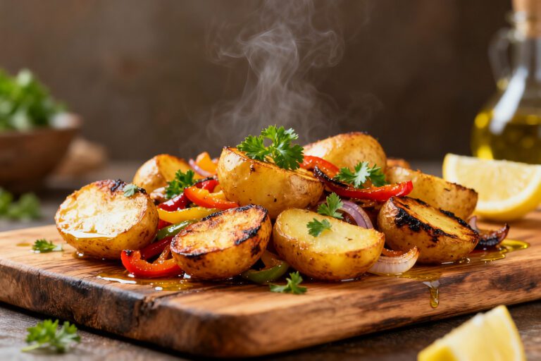Air fryer potatoes and vegetables with crispy roasted baby potatoes, bell peppers, onions, fresh parsley, and lemon, served as a colorful and flavorful vegetable side dish.