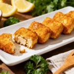 Air fryer tofu chicken nuggets with a crispy golden coating, tender tofu center, fresh parsley garnish, lemon wedges, and creamy dipping sauce, served as a vegetarian high protein snack or meal.
