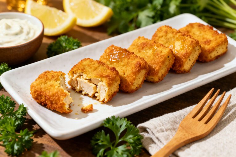 Air fryer tofu chicken nuggets with a crispy golden coating, tender tofu center, fresh parsley garnish, lemon wedges, and creamy dipping sauce, served as a vegetarian high protein snack or meal.