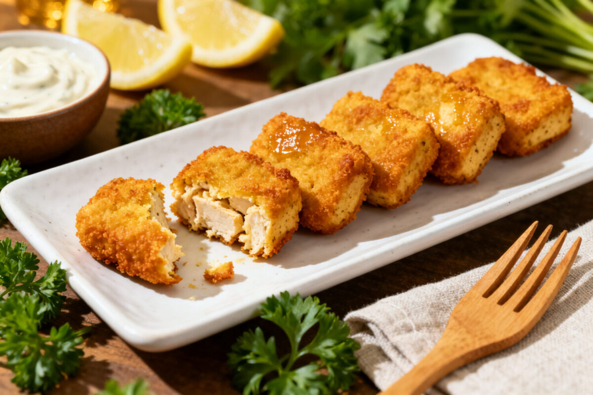 Air fryer tofu chicken nuggets with a crispy golden coating, tender tofu center, fresh parsley garnish, lemon wedges, and creamy dipping sauce, served as a vegetarian high protein snack or meal.