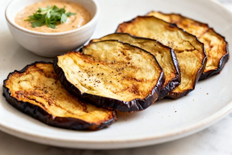 Air fryer eggplant chips with thin crispy roasted eggplant slices, lightly seasoned surfaces, caramelized edges, and a creamy dipping sauce, served as a healthy and satisfying snack.
