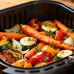 Air fryer roasted vegetables with caramelized carrots, zucchini, bell peppers, and onions, roasted until tender crisp with fresh herbs, served as a colorful and flavorful vegetable side dish.
