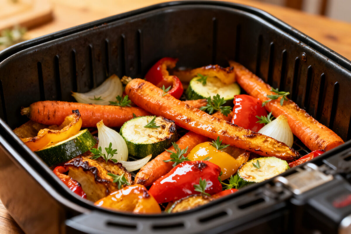 Air fryer roasted vegetables with caramelized carrots, zucchini, bell peppers, and onions, roasted until tender crisp with fresh herbs, served as a colorful and flavorful vegetable side dish.