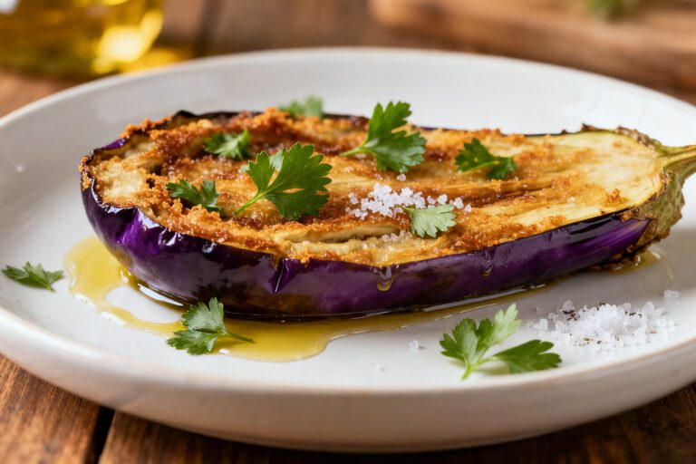 Healthy air fryer eggplant with tender roasted eggplant halves, caramelized golden surface, flaky sea salt, fresh parsley, and olive oil, served as a light and flavorful vegetable side dish.