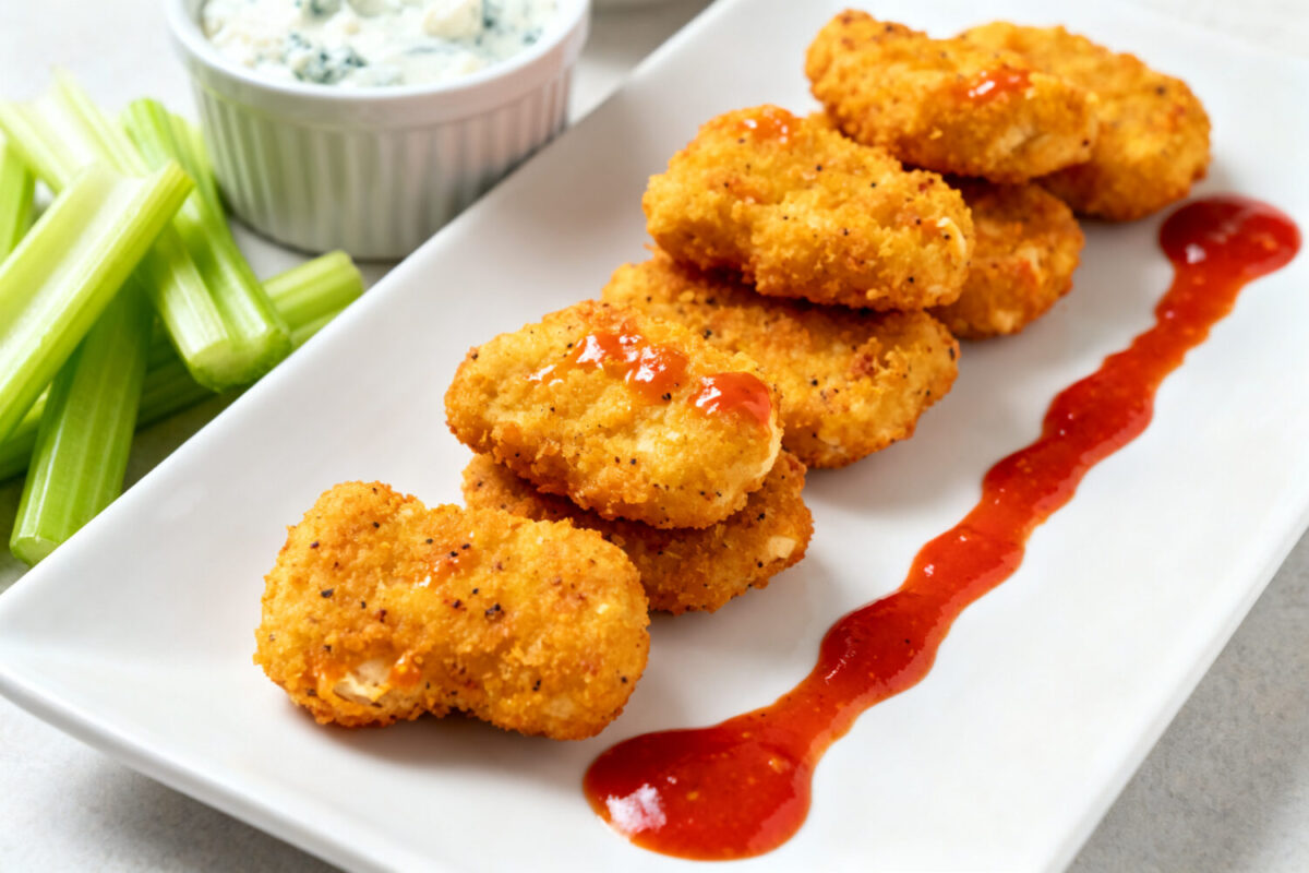 Air fryer buffalo chicken nuggets with a crispy golden coating, juicy tender chicken, spicy buffalo sauce, celery sticks, and dipping sauce, served as a flavorful appetizer or game day snack.