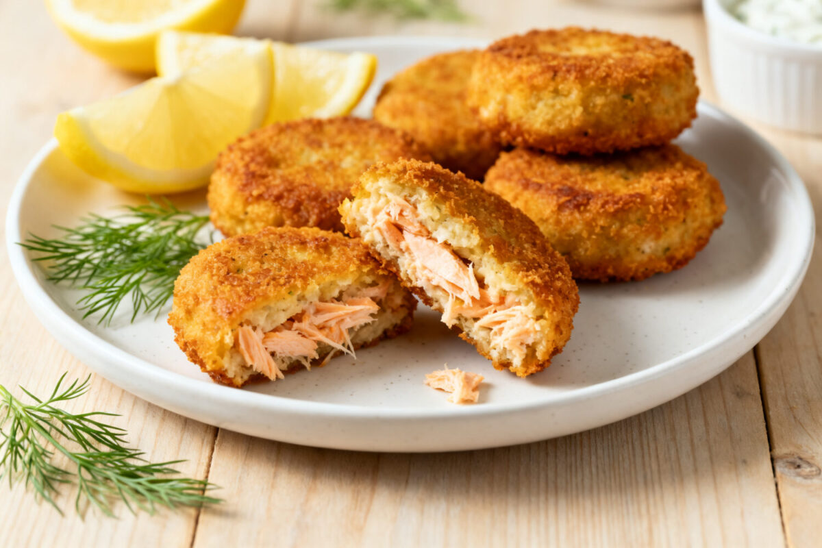 Air fryer salmon croquettes with crispy golden breadcrumb coating, tender flaky salmon filling, fresh dill, and lemon wedges, served as a flavorful seafood appetizer or weeknight dinner.
