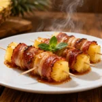 Air fryer bacon wrapped pineapple skewers with crispy bacon, sweet caramelized pineapple, and a smoky glaze