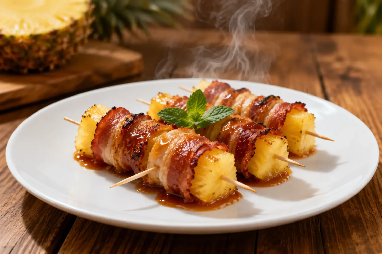 Air fryer bacon wrapped pineapple skewers with crispy bacon, sweet caramelized pineapple, and a smoky glaze