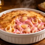 Air fryer pink mac and cheese with creamy pink cheese sauce, tender pasta shells, and a crispy golden breadcrumb topping