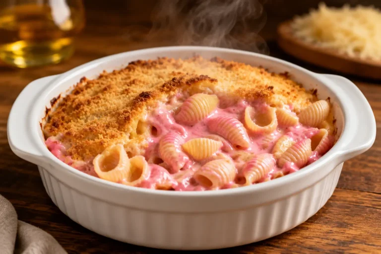 Air fryer pink mac and cheese with creamy pink cheese sauce, tender pasta shells, and a crispy golden breadcrumb topping
