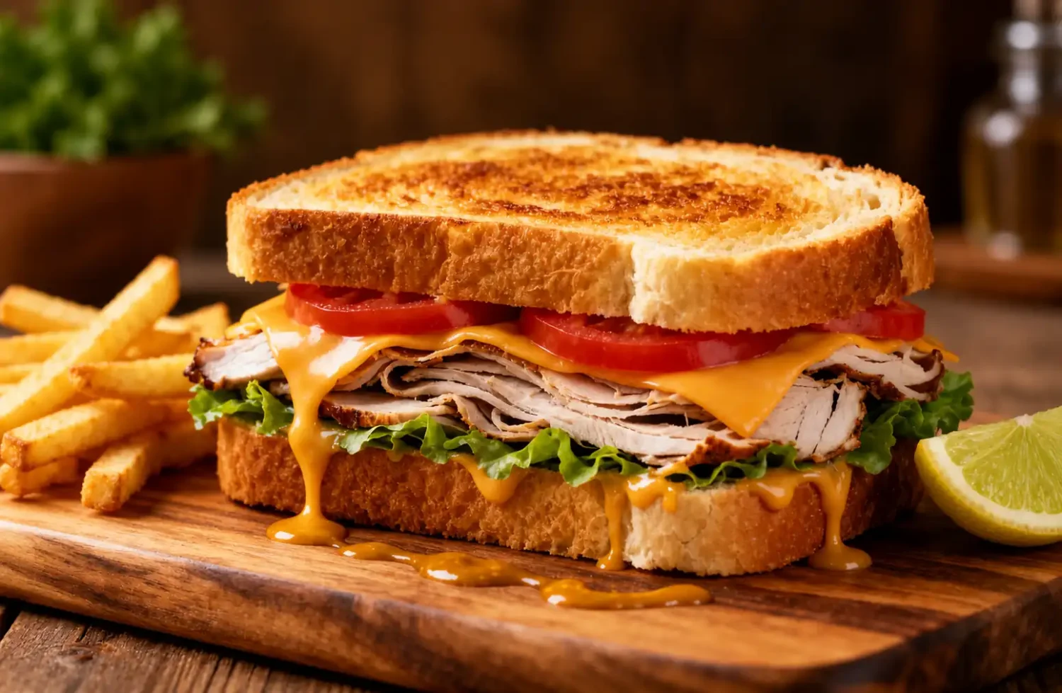 Air fryer turkey sandwich with sliced turkey, melted cheddar cheese, lettuce, tomato, and creamy sauce on toasted bread, served with fries and a lime wedge.