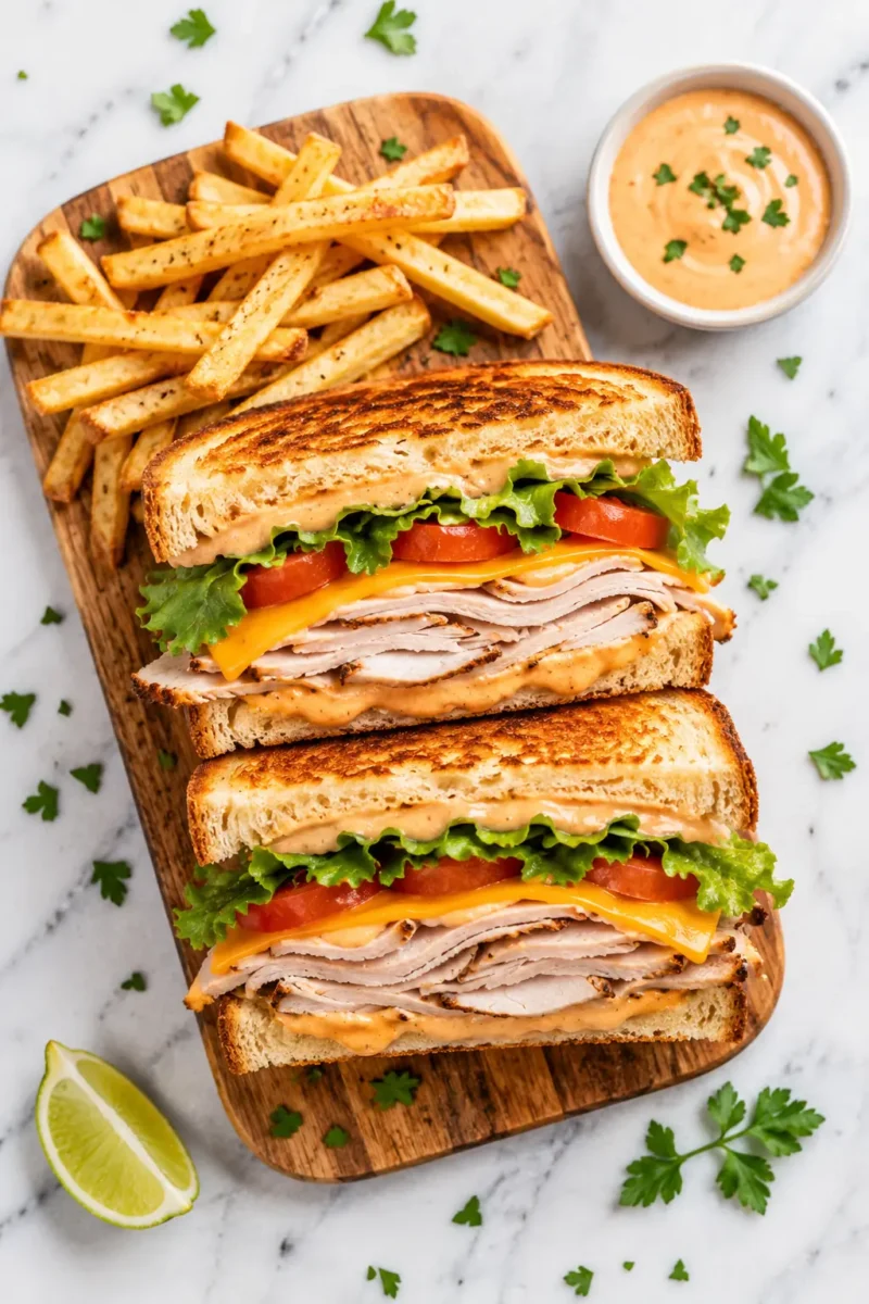 Air fryer turkey sandwich with sliced turkey, melted cheddar cheese, fresh lettuce, tomato slices, and creamy sauce on toasted bread, served with seasoned fries.