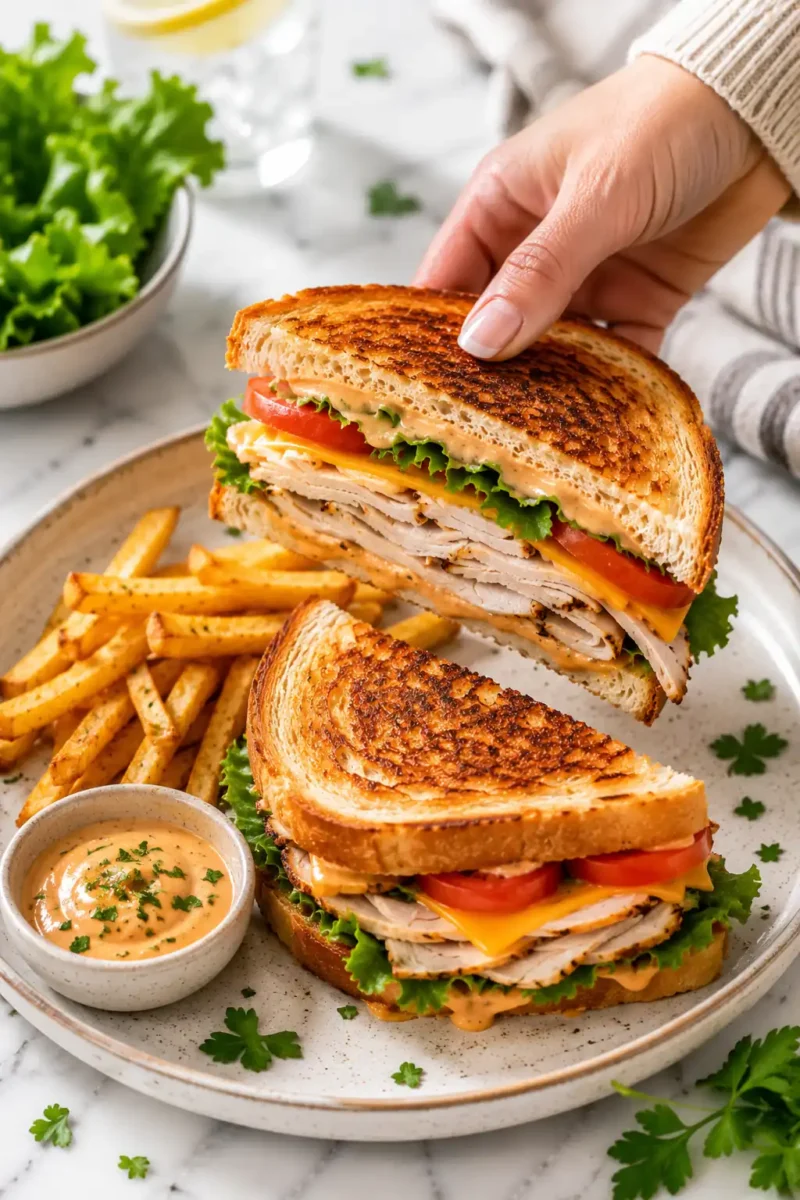 Air fryer turkey sandwich with sliced turkey breast, cheddar cheese, lettuce, tomato, and creamy sauce on toasted bread, served with seasoned fries and dipping sauce.