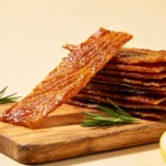 Air fryer turkey jerky slices stacked on a wooden board, featuring a chewy texture and rich savory flavor, garnished with rosemary sprigs and lemon wedges.