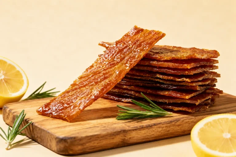 Air fryer turkey jerky slices stacked on a wooden board, featuring a chewy texture and rich savory flavor, garnished with rosemary sprigs and lemon wedges.