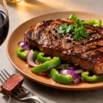 Air fryer pepper steak with a juicy seared steak, sautéed green bell peppers, and red onions, served on a dinner plate for a quick and flavorful meal.
