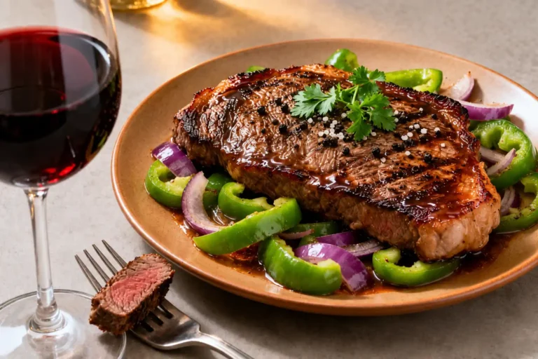Air fryer pepper steak with a juicy seared steak, sautéed green bell peppers, and red onions, served on a dinner plate for a quick and flavorful meal.