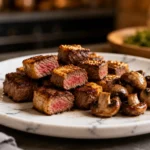 Air fryer steak bites and mushrooms with juicy seared steak cubes, sautéed mushrooms, and a flavorful browned crust, served on a white plate for a quick and satisfying meal.