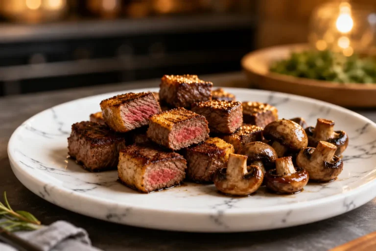 Air fryer steak bites and mushrooms with juicy seared steak cubes, sautéed mushrooms, and a flavorful browned crust, served on a white plate for a quick and satisfying meal.