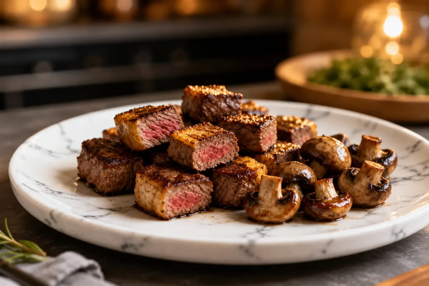 Air fryer steak bites and mushrooms with juicy seared steak cubes, sautéed mushrooms, and a flavorful browned crust, served on a white plate for a quick and satisfying meal.