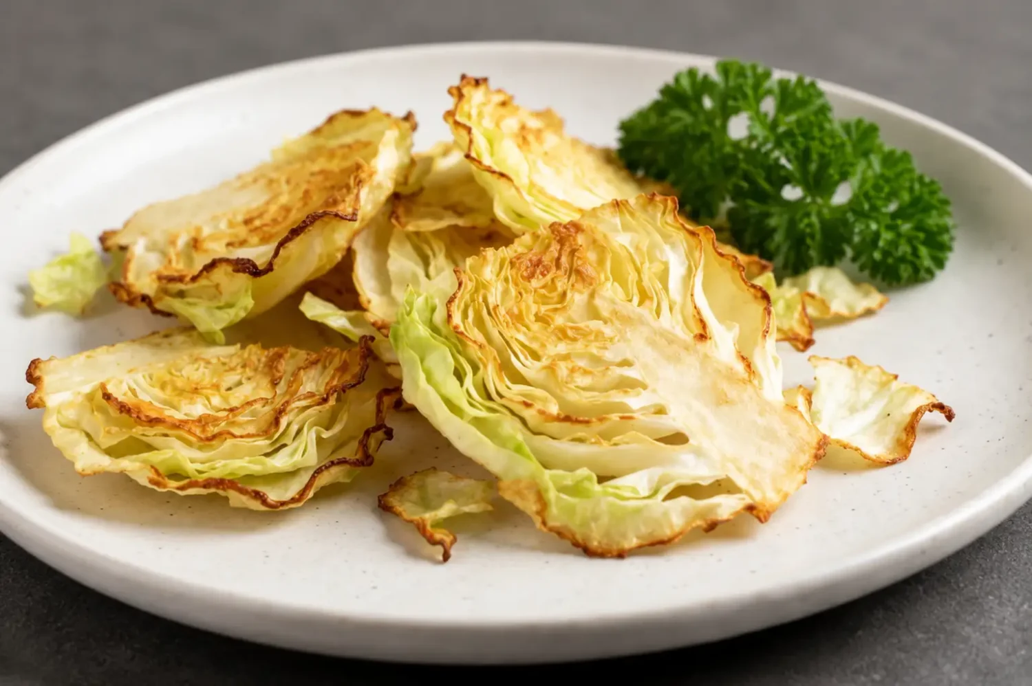 Air fryer cabbage chips with crispy golden edges and tender centers, roasted until lightly browned and served as a healthy low calorie snack.