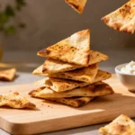 Air fryer pita chips stacked on a wooden board with a crispy golden texture, seasoned with spices and served with a creamy dip for an easy homemade snack.