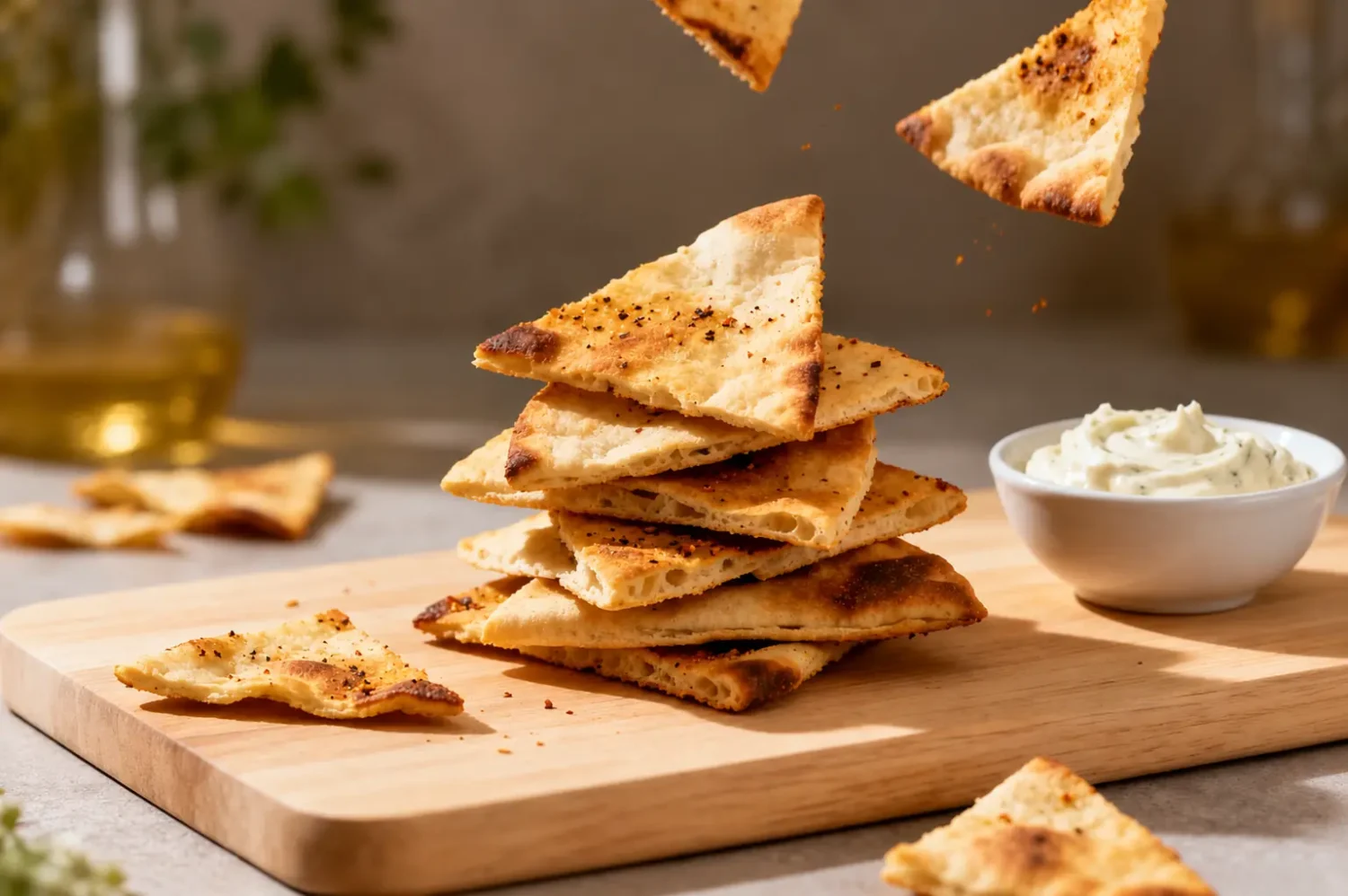 Air fryer pita chips stacked on a wooden board with a crispy golden texture, seasoned with spices and served with a creamy dip for an easy homemade snack.