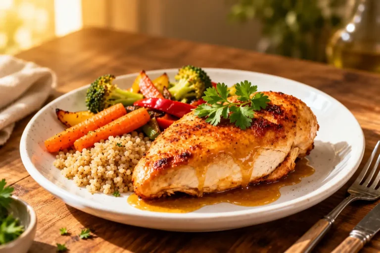 Air fryer chicken breast served with roasted vegetables and fluffy couscous, finished with a savory glaze and fresh parsley for a wholesome and flavorful dinner.