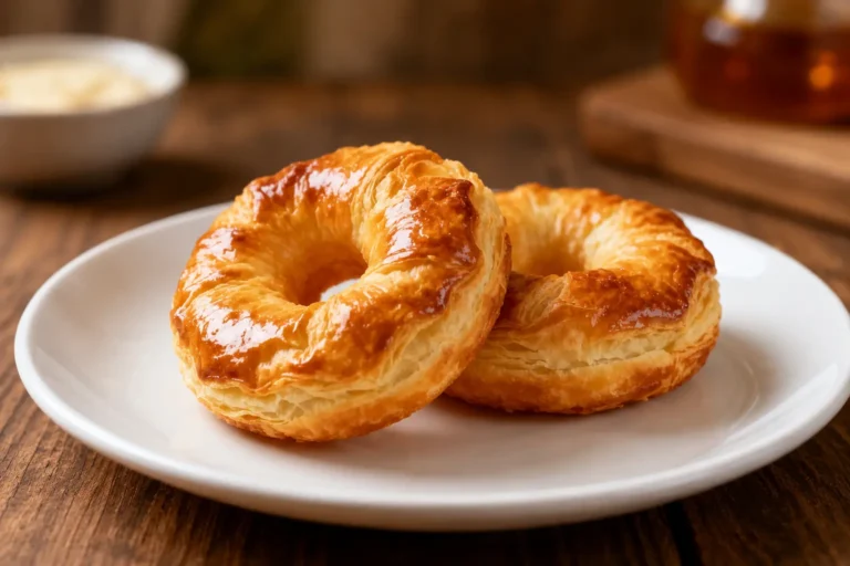 Air fryer puff pastry donuts with flaky buttery layers, golden crisp edges, and a sweet glaze