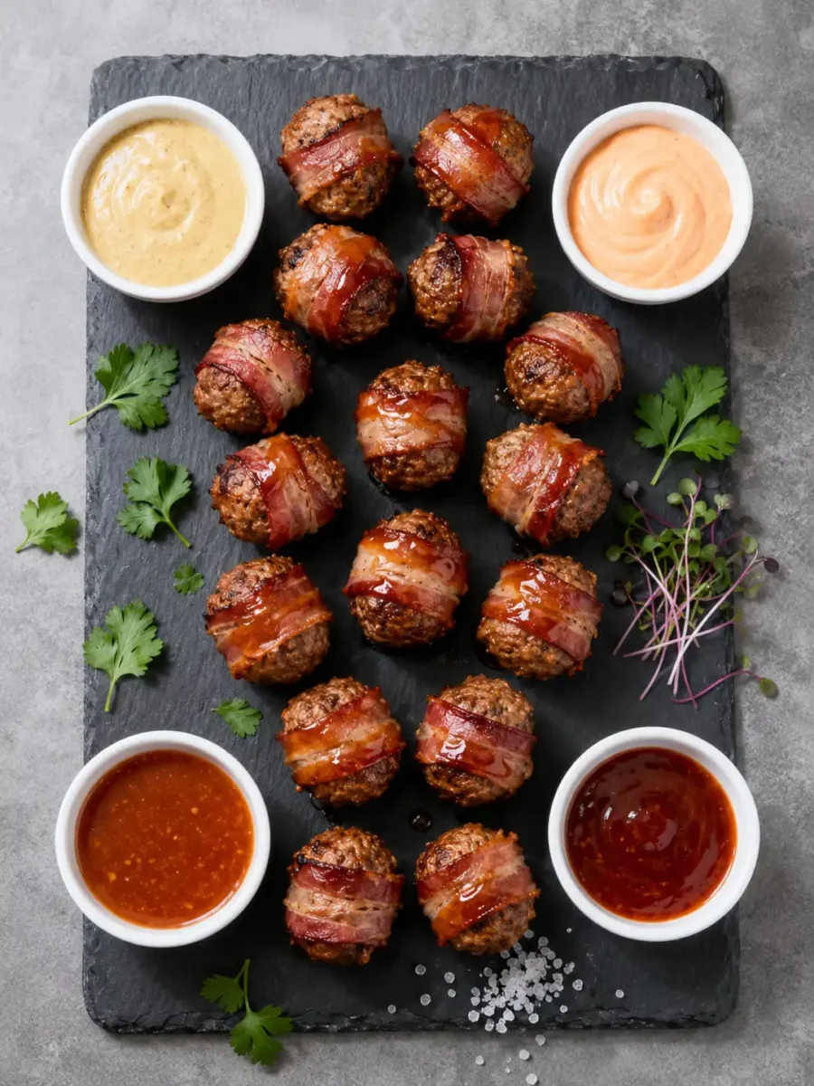 Tasty top view: Overhead shot of a game-day style board featuring a dozen bacon-wrapped meatballs