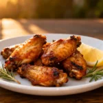 Whole30 air fryer chicken wings with crispy golden skin, savory seasoning, and a juicy interior, served with lemon wedges and fresh rosemary on a white plate.