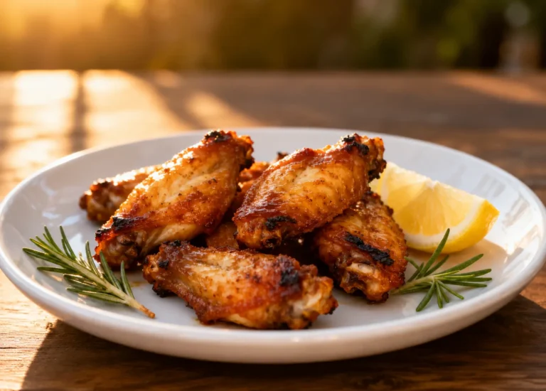 Whole30 air fryer chicken wings with crispy golden skin, savory seasoning, and a juicy interior, served with lemon wedges and fresh rosemary on a white plate.