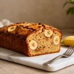 Easy air fryer banana bread with a moist tender crumb, ripe banana flavor, and sliced bananas baked on top, served as a beginner friendly homemade treat.