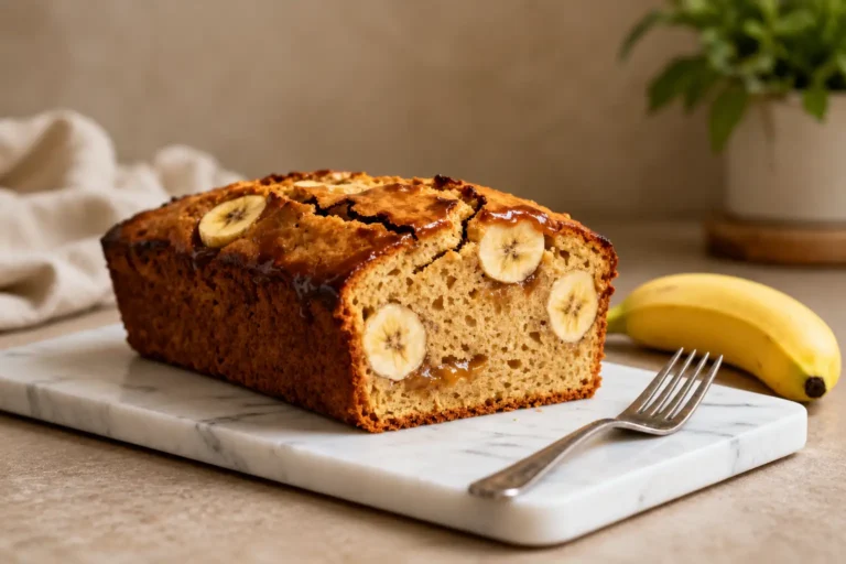 Easy air fryer banana bread with a moist tender crumb, ripe banana flavor, and sliced bananas baked on top, served as a beginner friendly homemade treat.