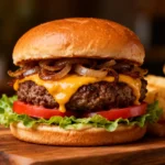Air fryer frozen burger with a juicy beef patty, melted cheddar cheese, caramelized onions, fresh lettuce, tomato slices, and a toasted bun, served with crispy fries.