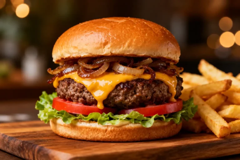 Air fryer frozen burger with a juicy beef patty, melted cheddar cheese, caramelized onions, fresh lettuce, tomato slices, and a toasted bun, served with crispy fries.