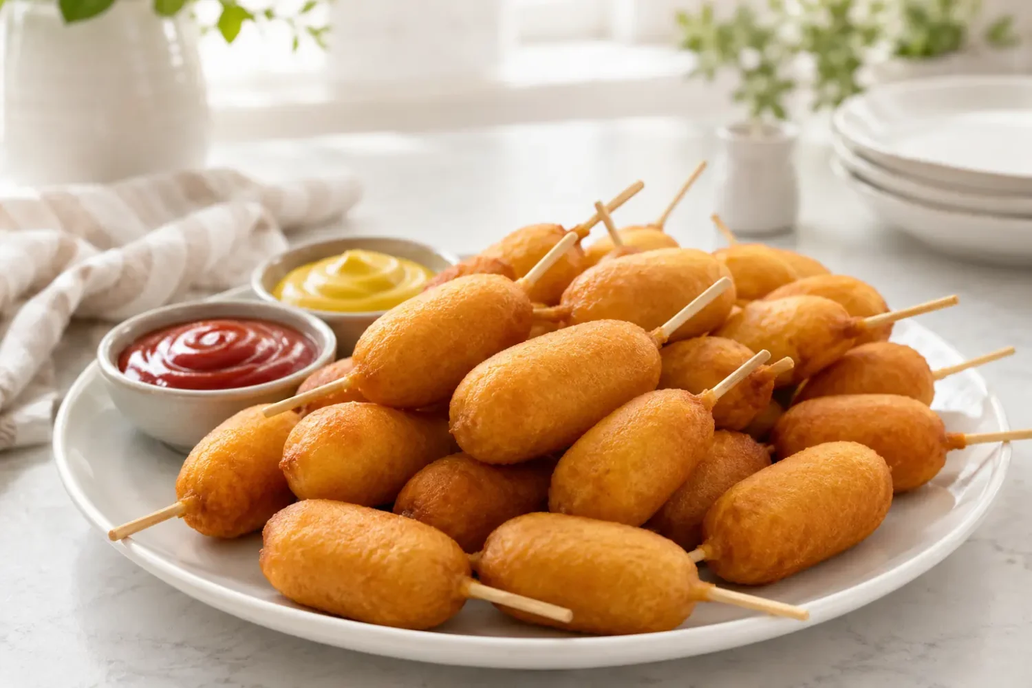Air fryer frozen mini corn dogs with a crispy golden exterior and juicy hot dog center, cooked until lightly browned and served as a fun kid friendly snack or meal.