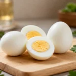 Ninja Air Fryer hard boiled eggs with perfectly cooked firm yolks and tender whites, partially peeled and displayed on a wooden board for an easy high protein snack or meal prep option.