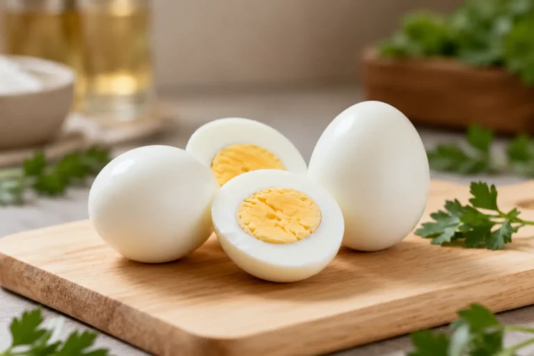 Ninja Air Fryer hard boiled eggs with perfectly cooked firm yolks and tender whites, partially peeled and displayed on a wooden board for an easy high protein snack or meal prep option.