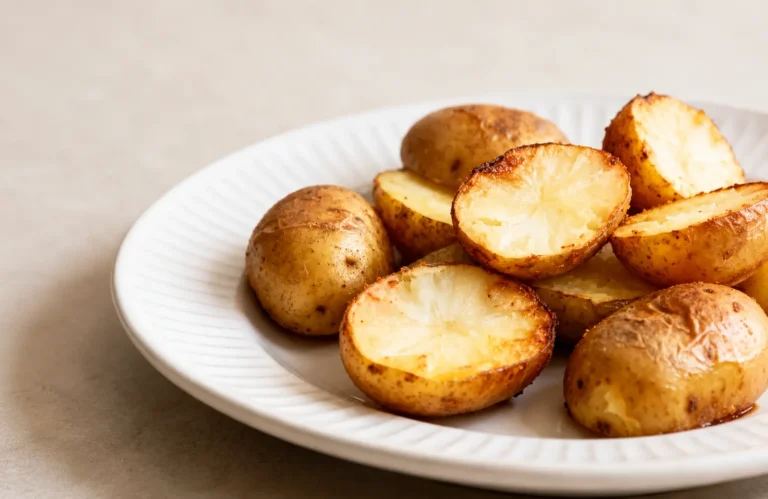 Russet potatoes cooked in the air fryer with crispy golden brown skins, fluffy tender interiors, and roasted edges, served on a plate as a simple and satisfying side dish.