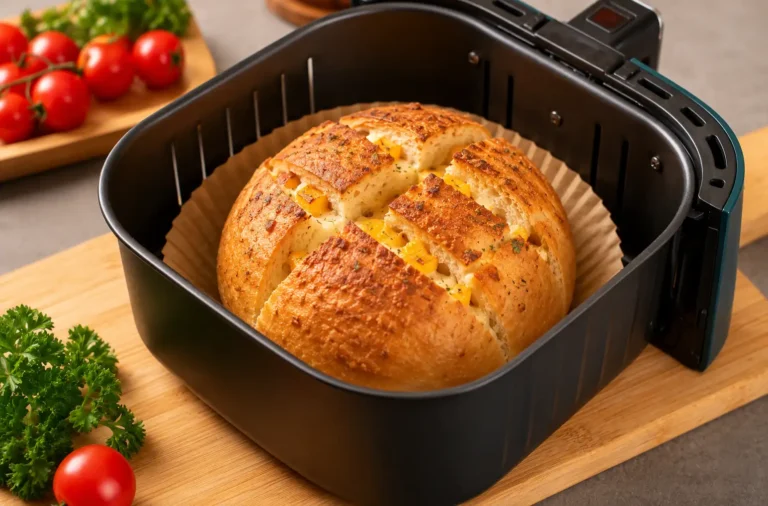 High protein cottage cheese bread in the air fryer with a golden crust, fluffy interior, melted cheese pockets, and a protein packed texture, baked inside an air fryer basket.