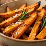 Air fryer sweet potato fries with crispy caramelized edges, tender centers, flaky sea salt, black pepper, and fresh rosemary, served as a flavorful and crowd pleasing side dish.