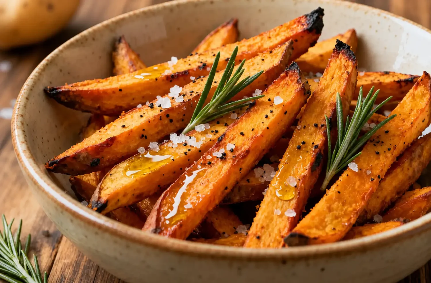 Air fryer sweet potato fries with crispy caramelized edges, tender centers, flaky sea salt, black pepper, and fresh rosemary, served as a flavorful and crowd pleasing side dish.