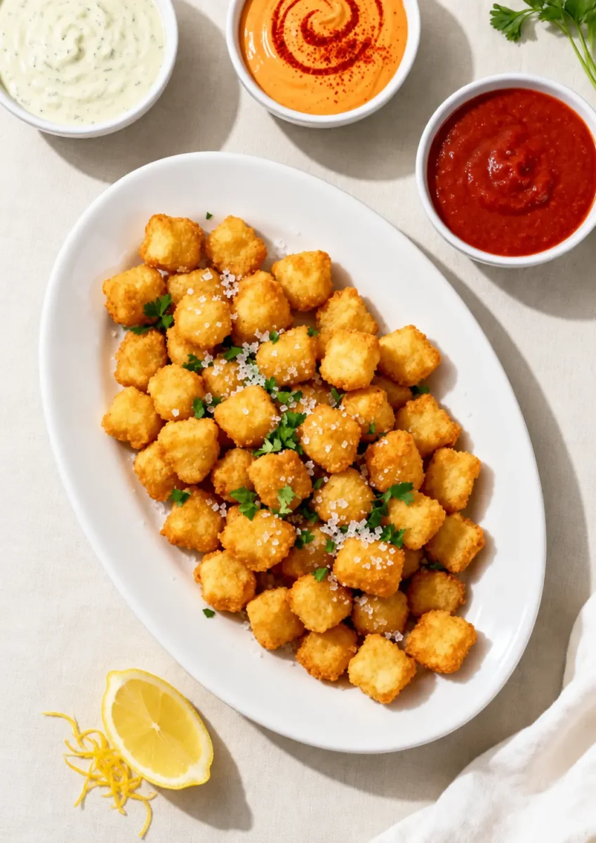 Final plated presentation: Restaurant-style platter of crispy gluten-free cheese curds piled on a wh