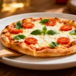 High protein cottage cheese pizza made in the air fryer with a crispy golden crust, creamy cottage cheese topping, melted cheese, cherry tomatoes, and fresh basil, served as a satisfying protein packed meal.