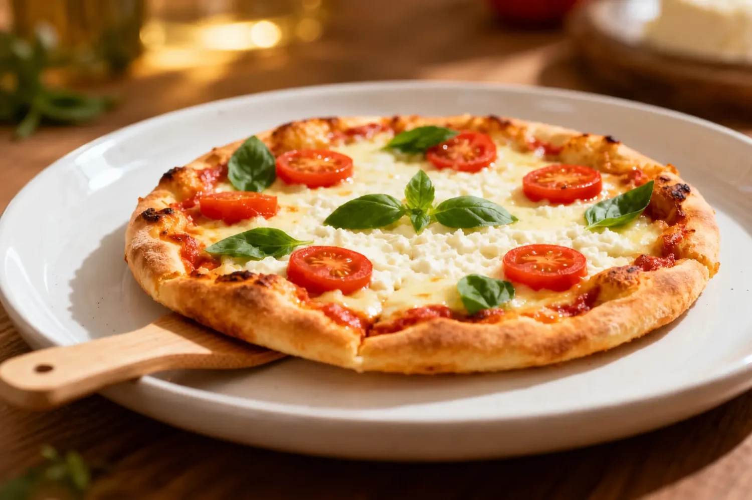 High protein cottage cheese pizza made in the air fryer with a crispy golden crust, creamy cottage cheese topping, melted cheese, cherry tomatoes, and fresh basil, served as a satisfying protein packed meal.