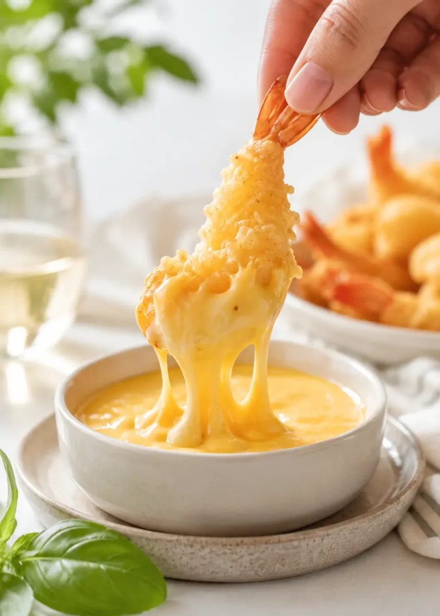 Crispy air fryer shrimp dipped into a bowl of creamy melted cheese sauce, featuring golden battered shrimp with stretchy cheese pulls, served as a rich appetizer or party snack.