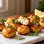 High protein cottage cheese bites made in the air fryer with crispy golden exteriors, fluffy protein packed centers, fresh herbs, and lemon wedges, served as a satisfying snack or appetizer.